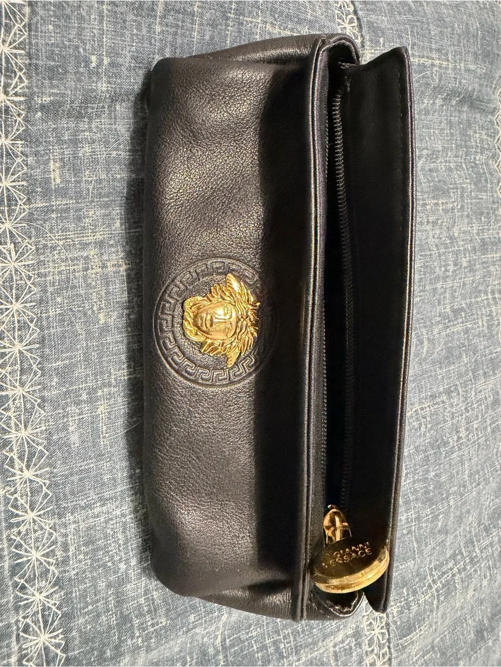 Versace Black Leather Cosmetic Pouch with Gold Medallion